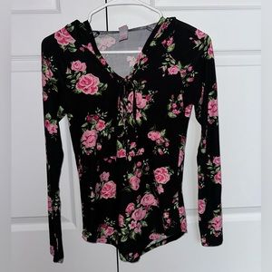 Black and Pink Floral Long Sleeve Hoodie